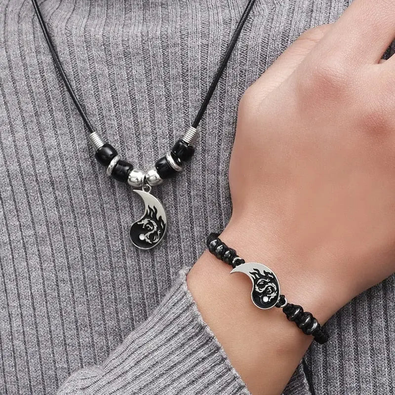 Showlu Tai Chi Yin Yang couple bracelet and necklace set with adjustable braid chains, matching lover jewelry for couples.
