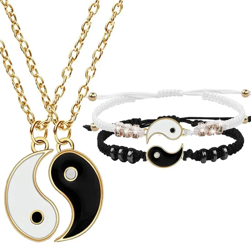 Showlu Tai Chi Yin Yang couple bracelet and necklace set with adjustable braided chain, matching lover jewelry for couples.