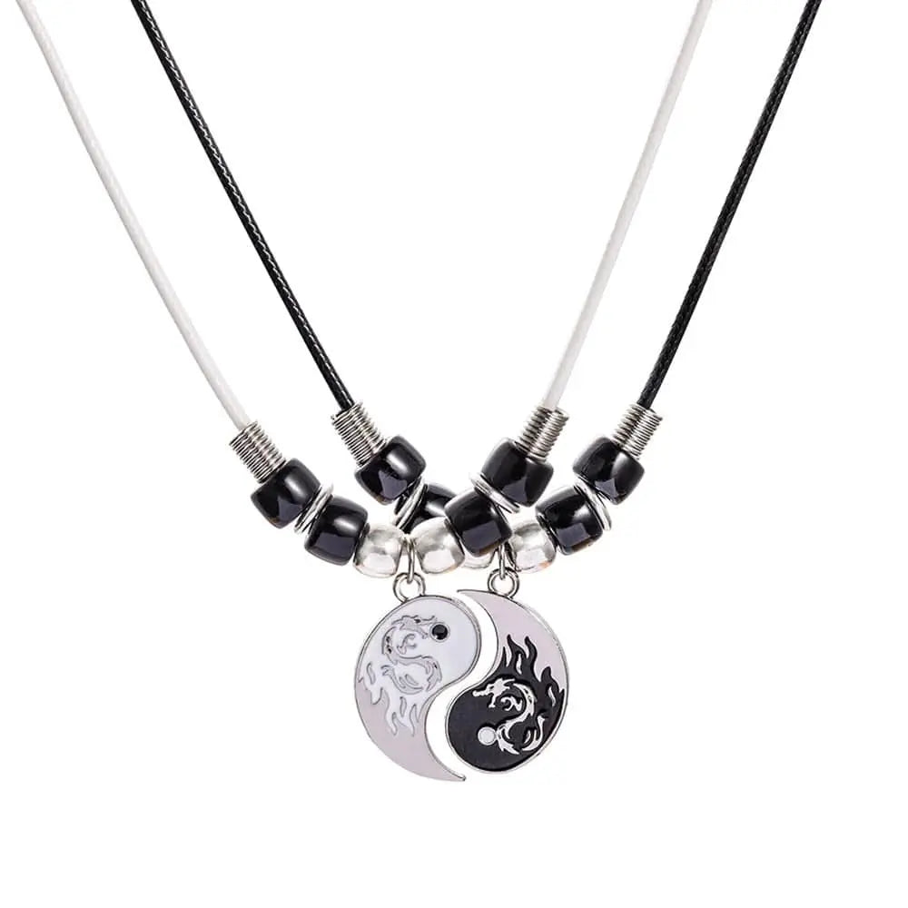 Showlu Tai Chi Yin Yang couple bracelet and necklace set with adjustable braid chains, featuring matching yin yang pendants.