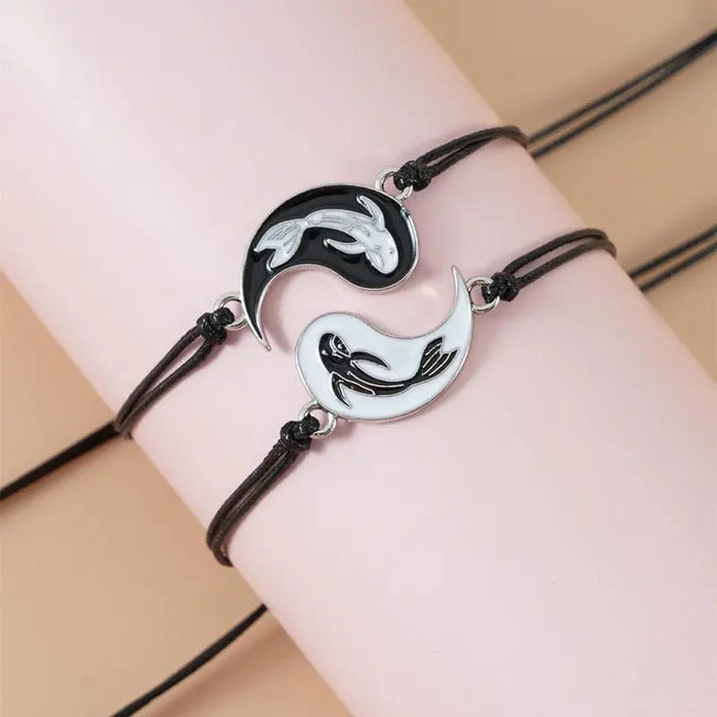 Tai Chi Yin Yang couple bracelet and necklace set with adjustable braid chains, matching lover jewelry by Showlu Fashion.