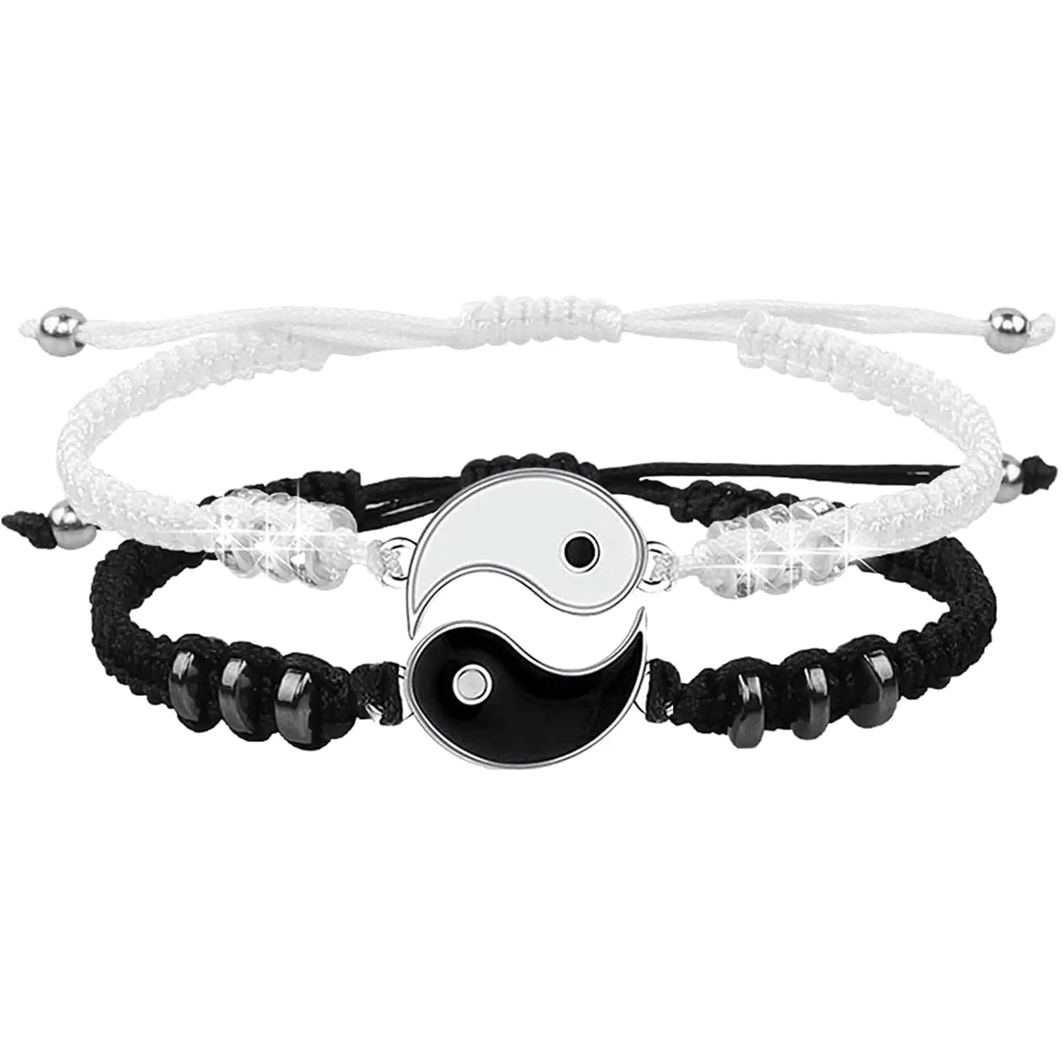 Showlu Tai Chi Yin Yang couple bracelet and necklace set with adjustable braid chains and matching pendants.