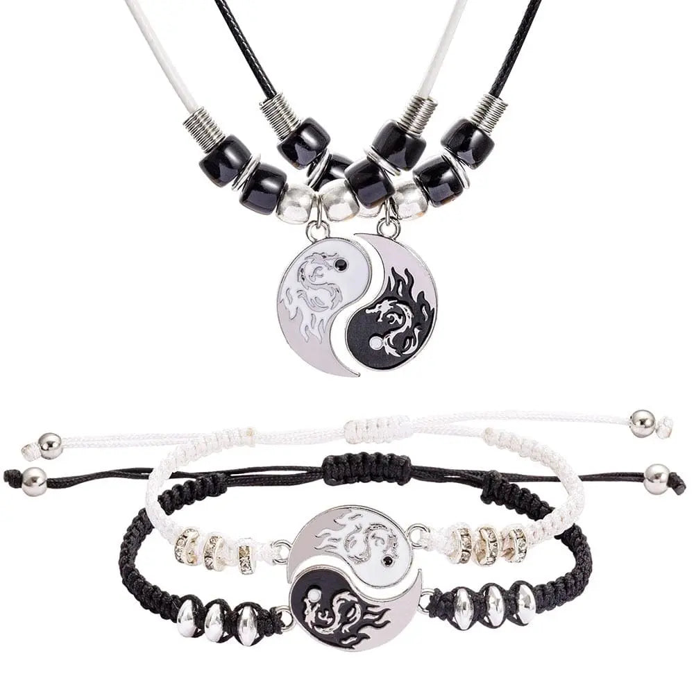 Showlu Tai Chi Yin Yang couple bracelet and necklace set with adjustable braid chains, matching lover jewelry for couples.