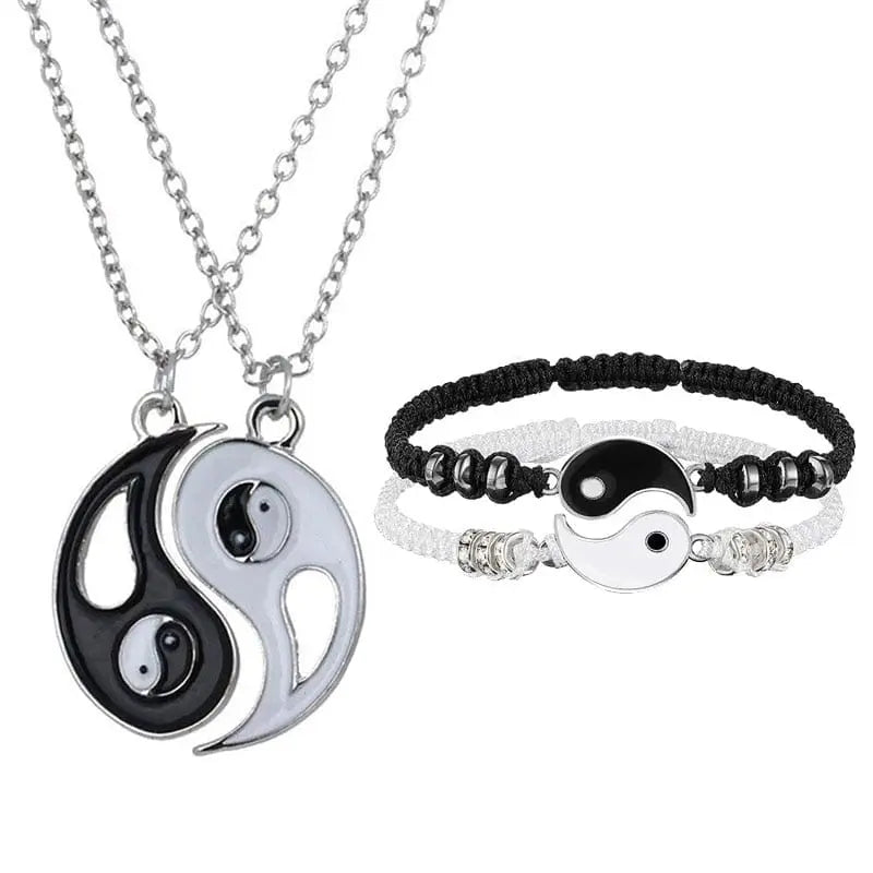 Showlu Tai Chi Yin Yang couple bracelet and necklace set with adjustable braided chains and matching pendants for lovers.