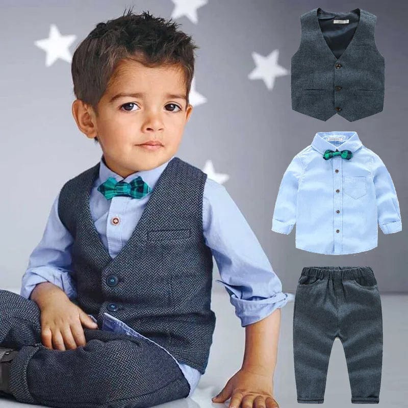 Baby boy in a three-piece suit with vest, shirt, and pants, stylish wedding outfit for boys aged 2-7 years.