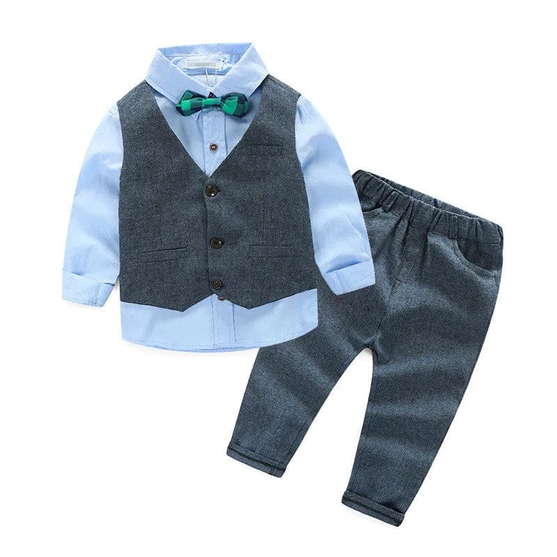 Baby boys' 3-piece suit with vest, shirt, and pants in a gentleman style, suitable for weddings and special occasions.