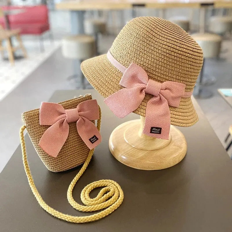 Showlu Kids straw sun hat and floral beach bag set for girls, perfect for summer, travel, and sun protection.