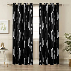 2 PCS Grommet Top Curtains, Silver Wavy Stripe Pattern Curtains, Indoor Sun Shading, Heat Insulation, Bedroom/Home Decoration - SHOWLU FASHION STORE