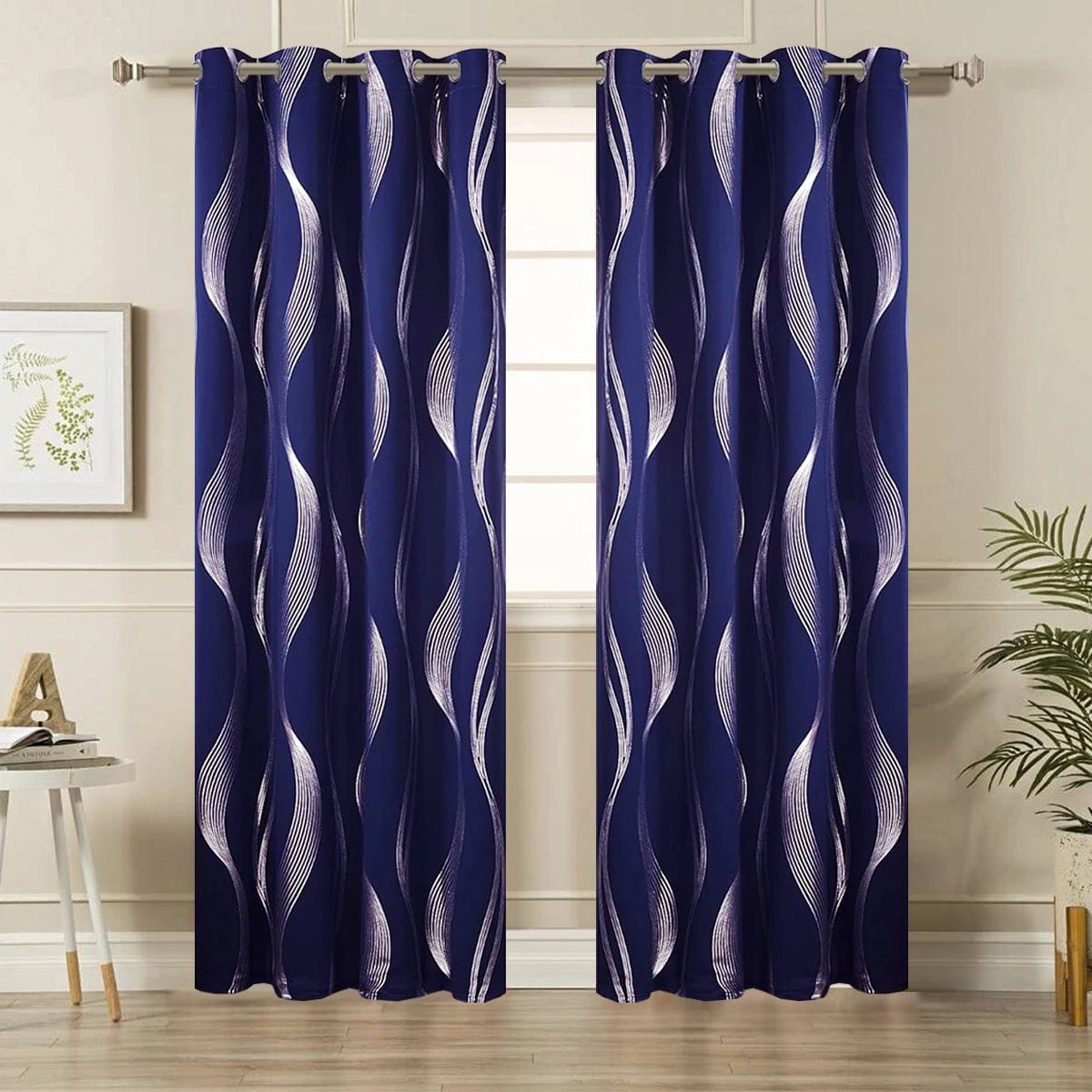 2 PCS Grommet Top Curtains, Silver Wavy Stripe Pattern Curtains, Indoor Sun Shading, Heat Insulation, Bedroom/Home Decoration - SHOWLU FASHION STORE