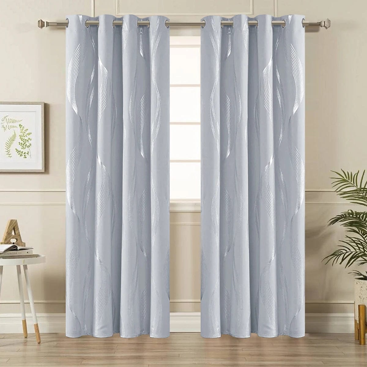 2 PCS Grommet Top Curtains, Silver Wavy Stripe Pattern Curtains, Indoor Sun Shading, Heat Insulation, Bedroom/Home Decoration - SHOWLU FASHION STORE