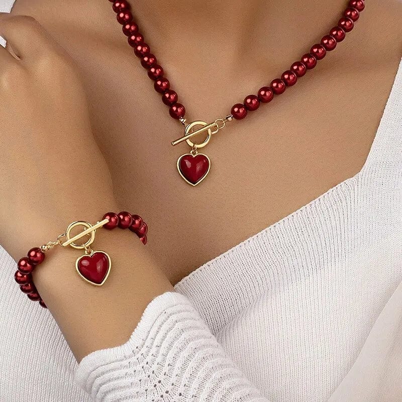 Elegant Showlu imitation pearl necklace and bracelet jewelry set with natural-colored beads and pendants for women.