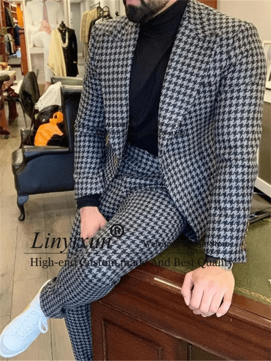 2 Piece Houndstooth Mens Suit Casual Business Slim Fit Blazer Male Winter Prom Groom Wear Tuxedo Set Terno Masculino Jacket+Pant - SHOWLU FASHION STORE