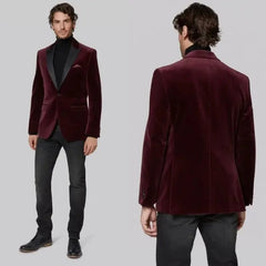 2 Piece Men's Suit Peak Lapel Burgundy Velvet Blazer One Button Suit Groom Tuxedos Casual Wedding Suits - SHOWLU FASHION STORE