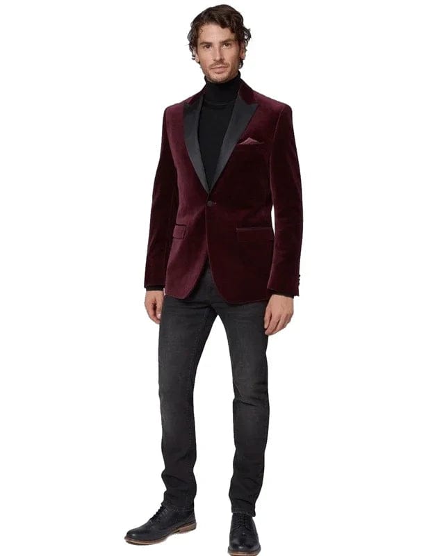 2 Piece Men's Suit Peak Lapel Burgundy Velvet Blazer One Button Suit Groom Tuxedos Casual Wedding Suits - SHOWLU FASHION STORE