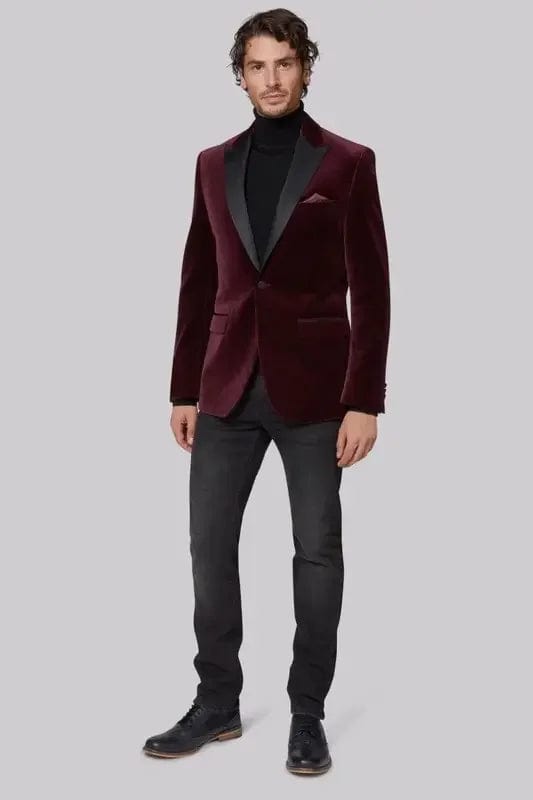 2 Piece Men's Suit Peak Lapel Burgundy Velvet Blazer One Button Suit Groom Tuxedos Casual Wedding Suits - SHOWLU FASHION STORE