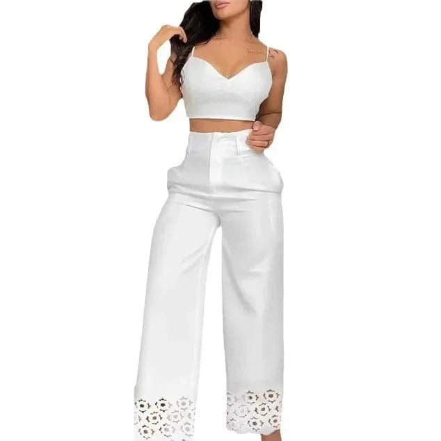 SHOWLU Women's 2-piece set with white V-neck cami crop top and hollow out wide-leg high-waist pants, casual fashion outfit.