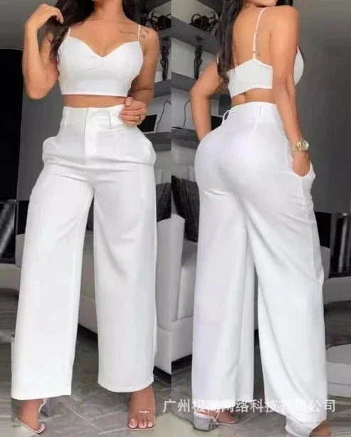 SHOWLU Women's 2-piece set with white V-neck cami crop top and hollow-out wide-leg high-waist pants, casual stylish outfit.