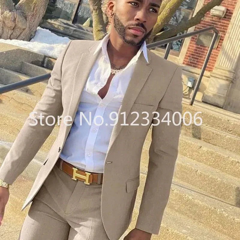 Beige men's slim fit 2-piece suit by SHOWLU FASHION STORE, includes blazer and pants, ideal for weddings and formal occasions.