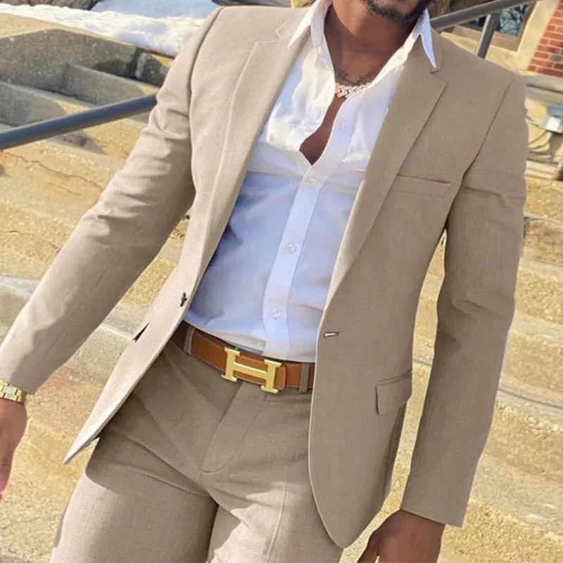 Beige men's slim fit 2-piece wedding tuxedo by SHOWLU FASHION STORE, includes blazer and pants, perfect for grooms and formal occasions.