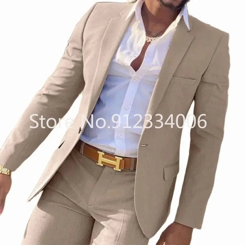 Beige men's slim fit wedding suit by SHOWLU FASHION STORE, including blazer and matching pants for groom or groomsmen.