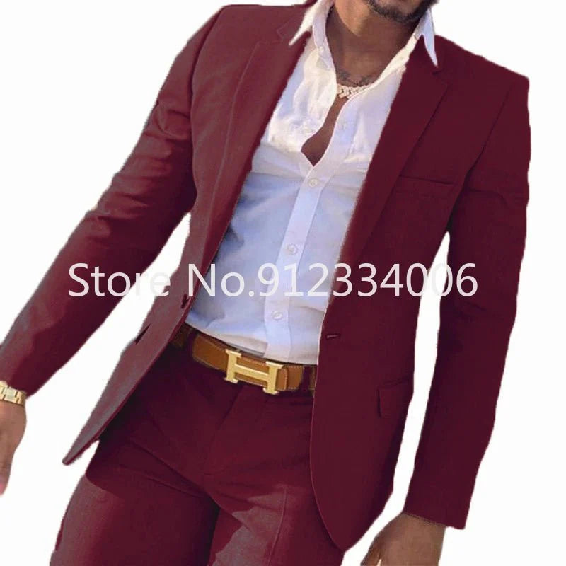 Beige men's slim fit 2-piece wedding suit with blazer and pants, cotton tuxedo style for grooms and groomsmen.