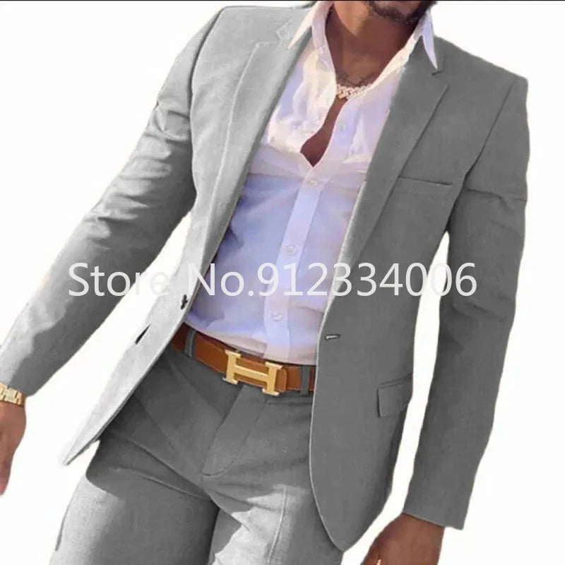 Beige men's slim fit wedding suit by SHOWLU FASHION STORE, includes blazer and pants, perfect for grooms and groomsmen.