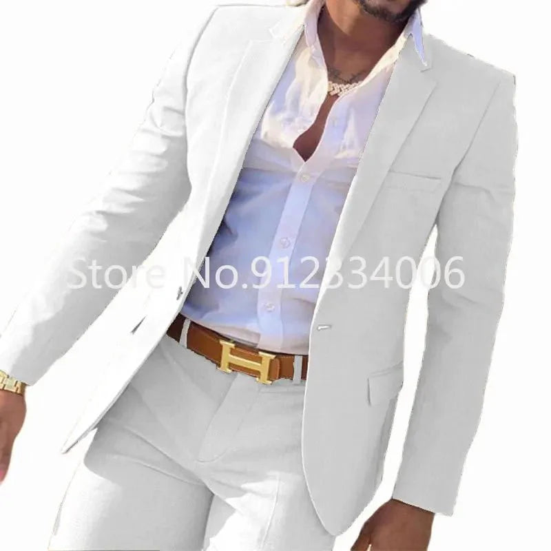 Men's beige slim fit 2-piece cotton wedding tuxedo with blazer and pants, ideal for grooms and groomsmen, by SHOWLU FASHION STORE.
