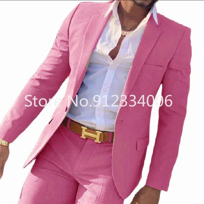 Beige men's slim fit wedding tuxedo with blazer and pants, cotton fabric, suitable for grooms and groomsmen.