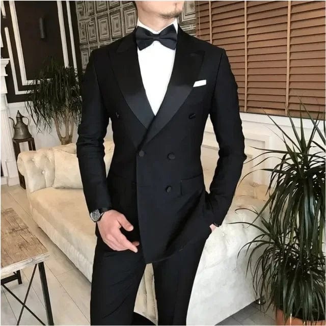 Showlu men's black double-breasted suit with peaked lapel, tailored for wedding or formal occasions, featuring a classic tuxedo style.