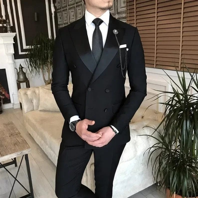 Showlu men's black double-breasted suit with peaked lapel, including jacket and pants, ideal for wedding or formal events.