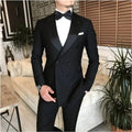 Showlu men's black double-breasted suit with peaked lapel, jacket and pants, ideal for weddings and formal occasions.