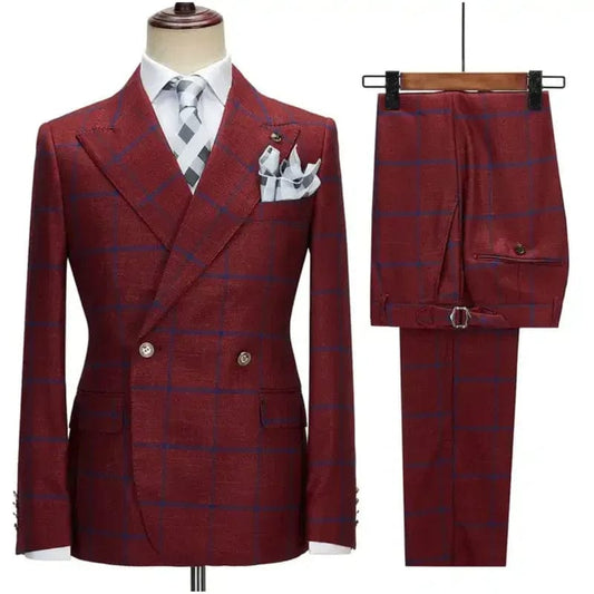 2 Pieces Luxury Check Plaid Men Suits Set Peaked Lapel Business Party Costume Homme Wedding Groom Tuxedos Dress Jacket Pants - SHOWLU FASHION STORE