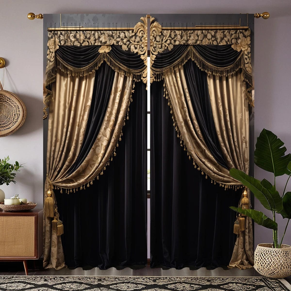 2 pieces of HD digital black European luxury luxury curtain home decoration style decoration living room bedroom rod curtain eff - SHOWLU FASHION STORE