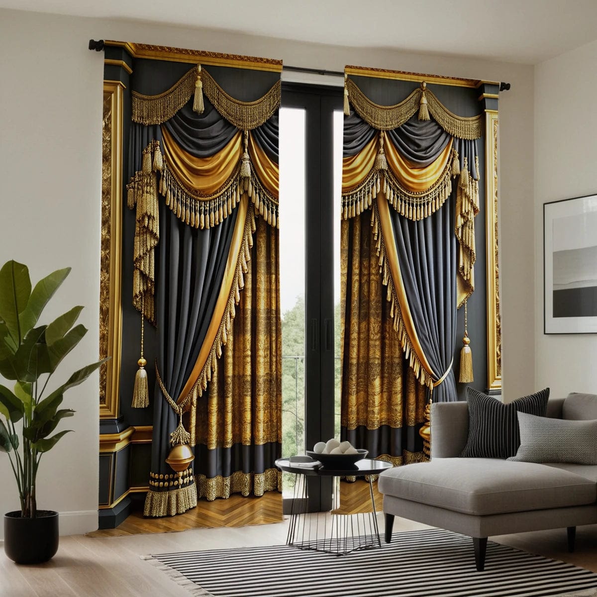 2 pieces of HD digital curtain printing simulation valance yellow lace European and American court style embroidery fringe home - SHOWLU FASHION STORE