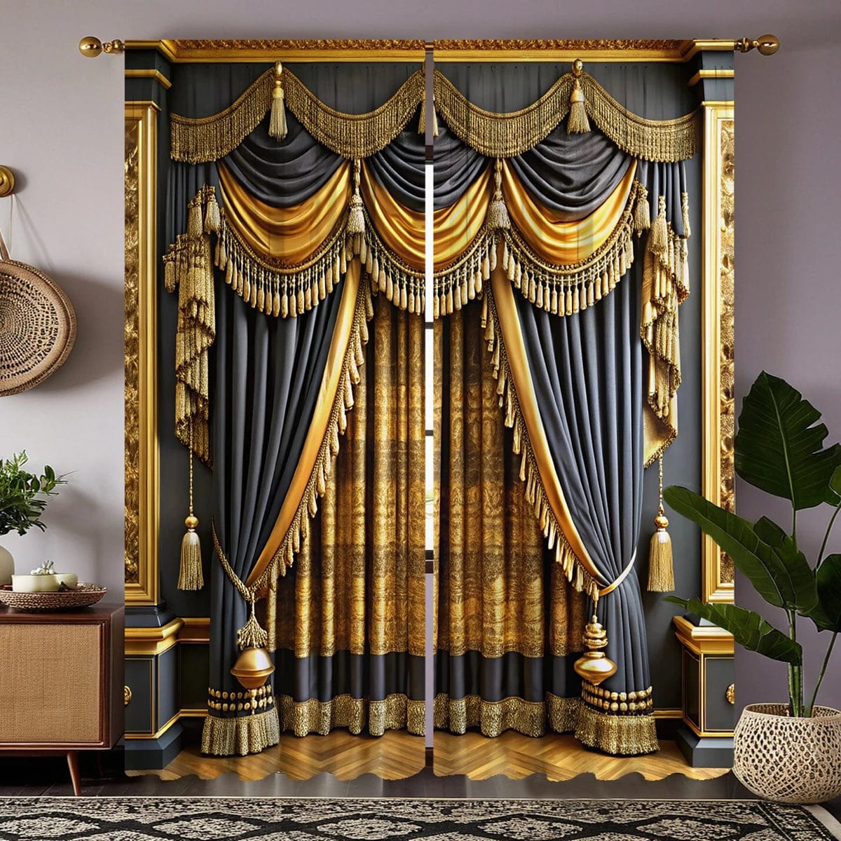 2 pieces of HD digital curtain printing simulation valance yellow lace European and American court style embroidery fringe home - SHOWLU FASHION STORE