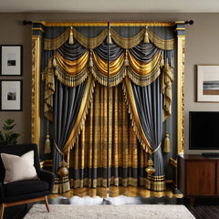 2 pieces of HD digital curtain printing simulation valance yellow lace European and American court style embroidery fringe home - SHOWLU FASHION STORE