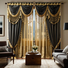 2 pieces of HD digital curtain printing simulation valance Yellow light luxury atmosphere villa gold home decoration style decor - SHOWLU FASHION STORE