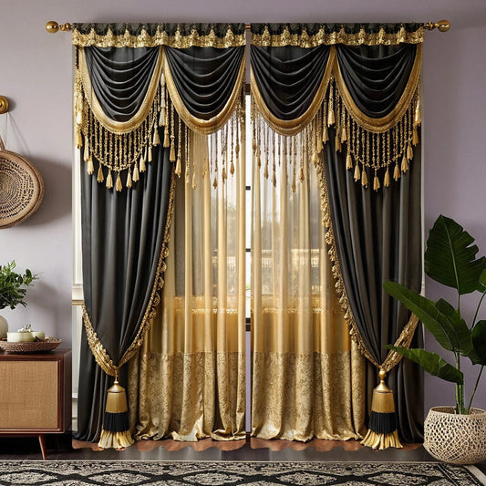 2 pieces of HD digital curtain printing simulation valance Yellow light luxury atmosphere villa gold home decoration style decor - SHOWLU FASHION STORE