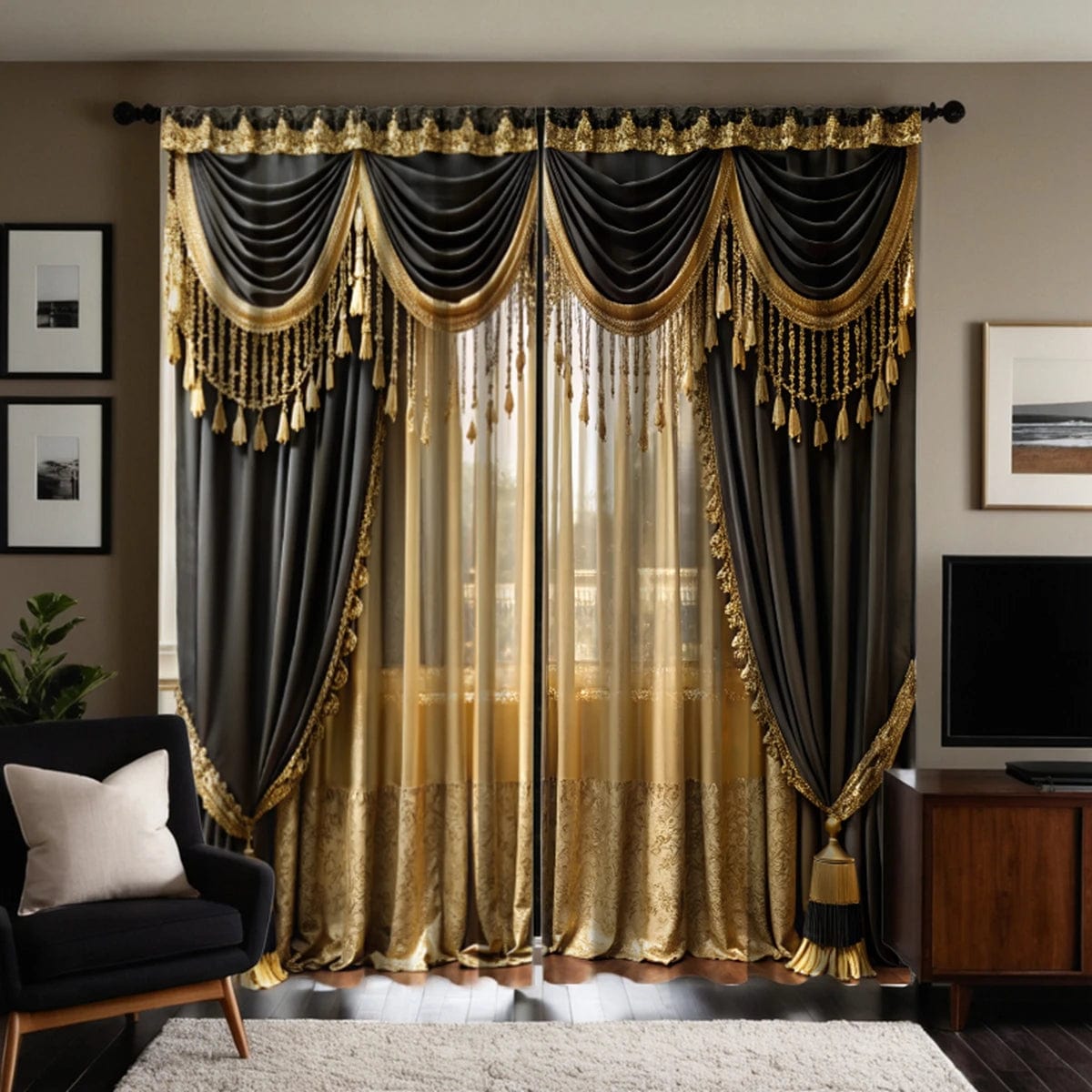 2 pieces of HD digital curtain printing simulation valance Yellow light luxury atmosphere villa gold home decoration style decor - SHOWLU FASHION STORE