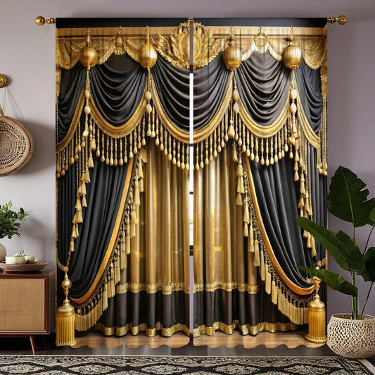 2 pieces of HD digital curtain printing simulation valance Yellow series yellow black splicing hanging tassel luxury home decora - SHOWLU FASHION STORE