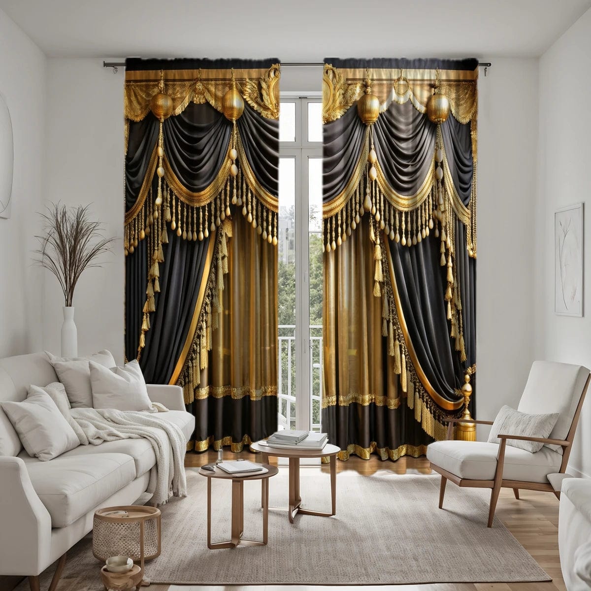 2 pieces of HD digital curtain printing simulation valance Yellow series yellow black splicing hanging tassel luxury home decora - SHOWLU FASHION STORE