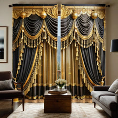 2 pieces of HD digital curtain printing simulation valance Yellow series yellow black splicing hanging tassel luxury home decora - SHOWLU FASHION STORE