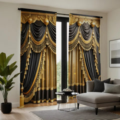 2 pieces of HD digital curtain printing simulation valance Yellow series yellow black splicing hanging tassel luxury home decora - SHOWLU FASHION STORE