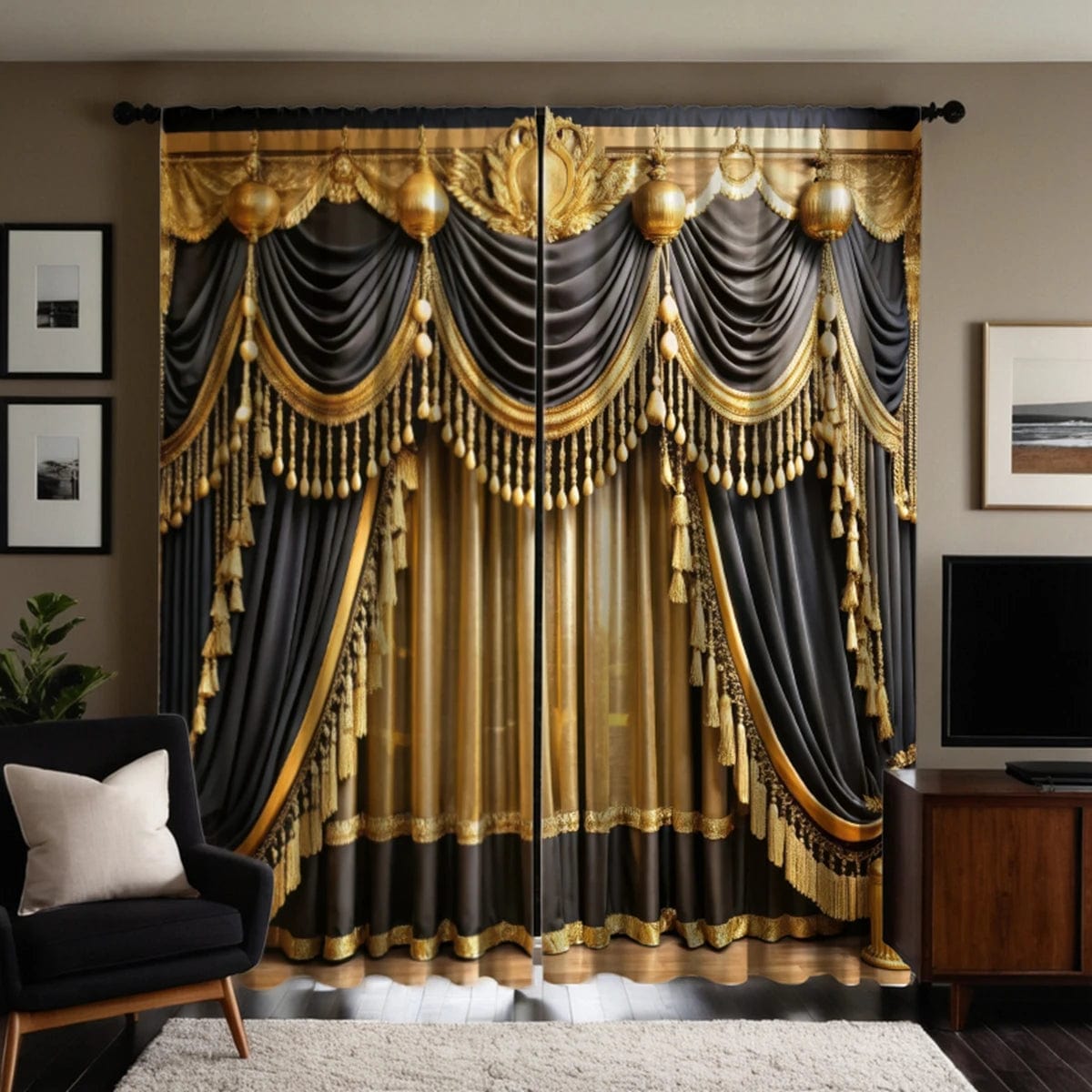 2 pieces of HD digital curtain printing simulation valance Yellow series yellow black splicing hanging tassel luxury home decora - SHOWLU FASHION STORE