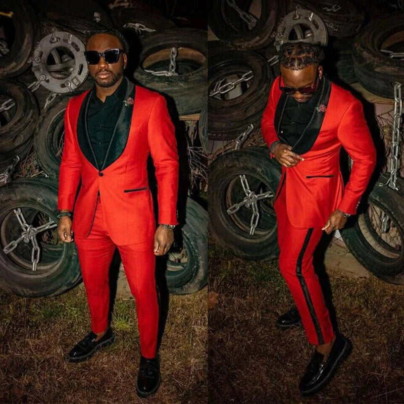 Showlu men's red slim fit tuxedo with shawl lapel, including blazer and pants, perfect for wedding or formal occasions.