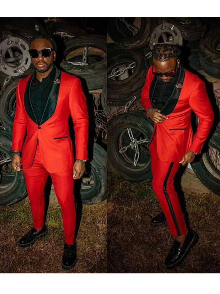 Showlu men's red slim fit tuxedo with shawl lapel, two-piece wedding suit featuring blazer and pants, British style for groom.