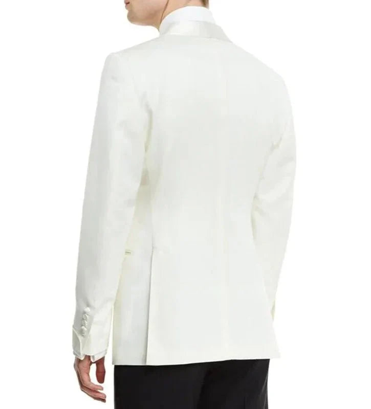 Showlu Fashion men's 2-piece slim fit suit with white blazer and black pants, stylish formal business or groom tuxedo ensemble.