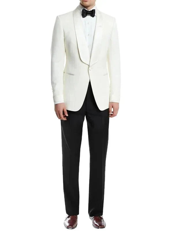 Showlu Fashion men's 2-piece slim fit suit with white blazer and black pants, tailored for formal or business occasions.