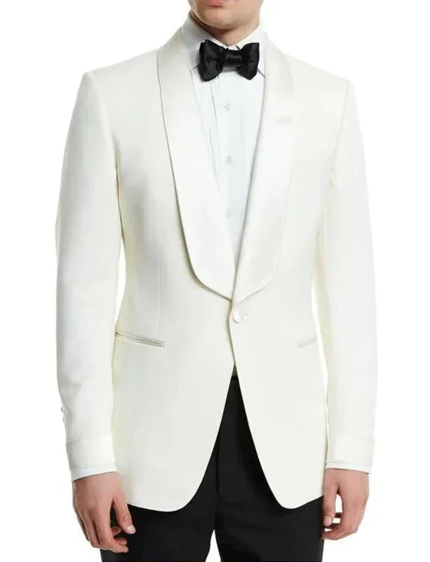 Showlu Fashion men's 2-piece slim fit suit with white blazer and black pants, formal business or groom tuxedo style.