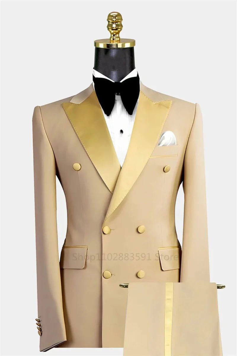 Showlu Fashion men's khaki slim fit double-breasted tuxedo suit with notch lapel, includes blazer and pants, ideal for formal events.
