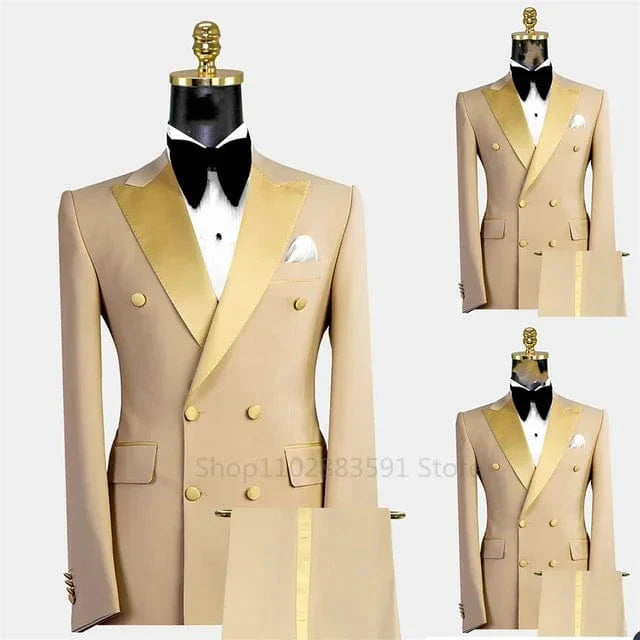 Showlu Fashion men's slim fit double-breasted khaki suit with blazer and pants, formal 2-piece tuxedo for wedding or party.
